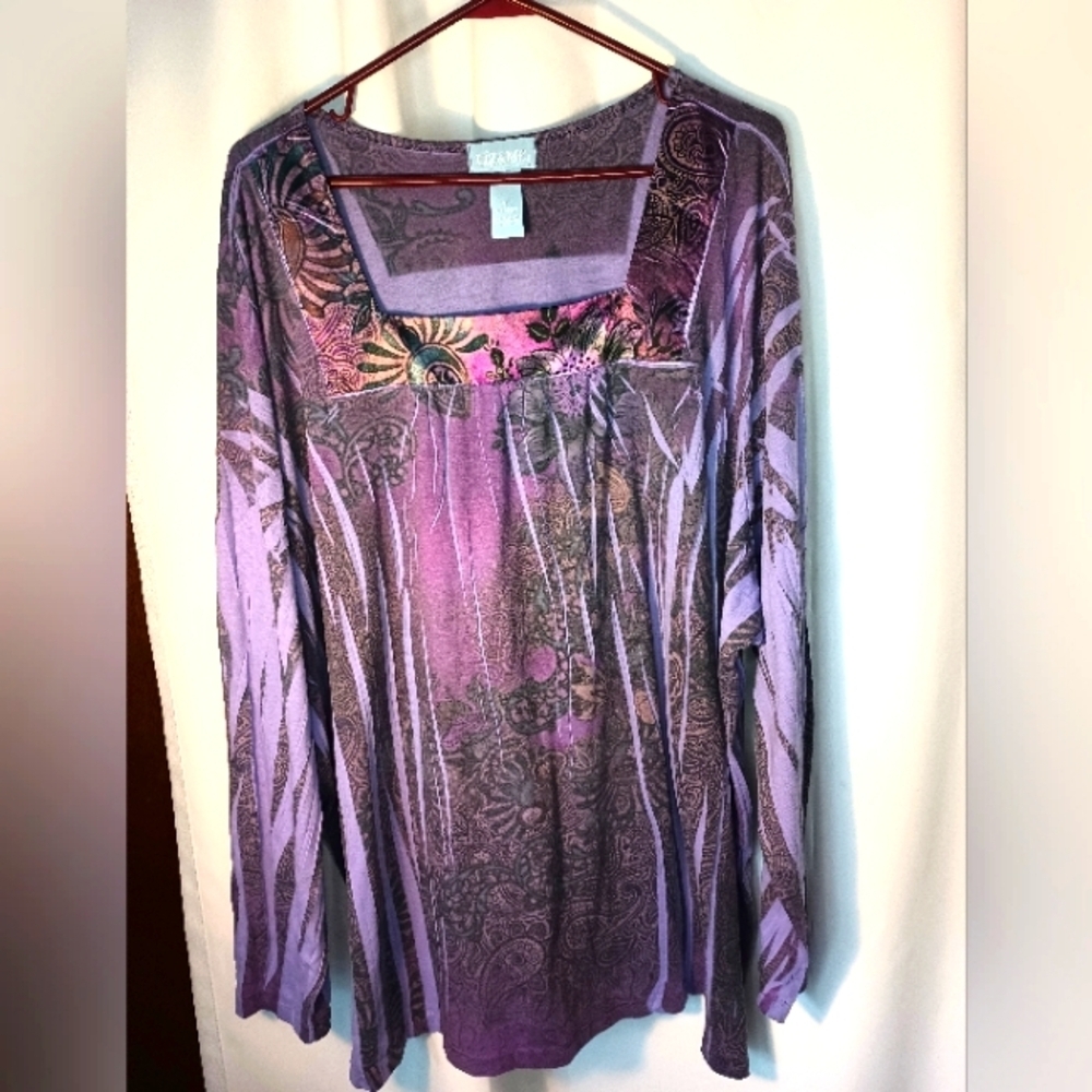 Liz & Me 4X Square Neck Knit Tunic Top Long Sleeve Purple Artsy Satin Trim Y2K